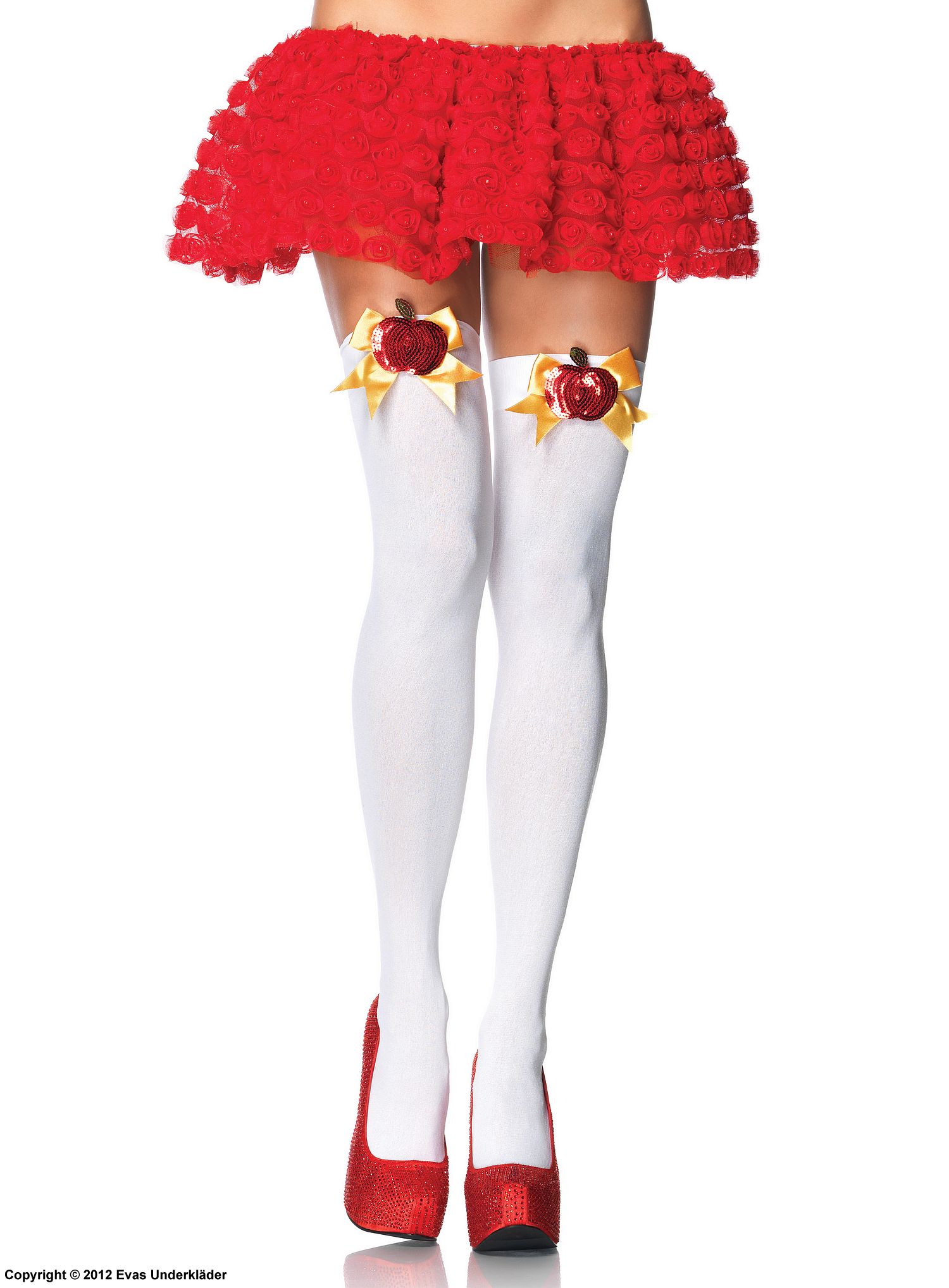Thigh high stockings, big bow, sequin apple